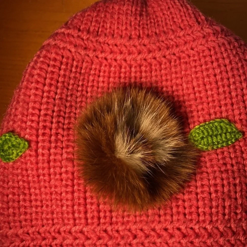 Girls Adorable Unique Pink Fur Flowered  Double Knit Beanie